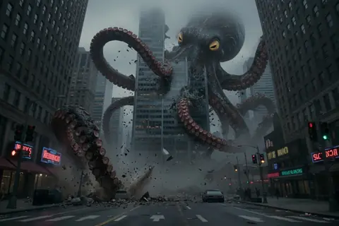 AI video production in Mexico: AI-generated scene of a giant creature in a city