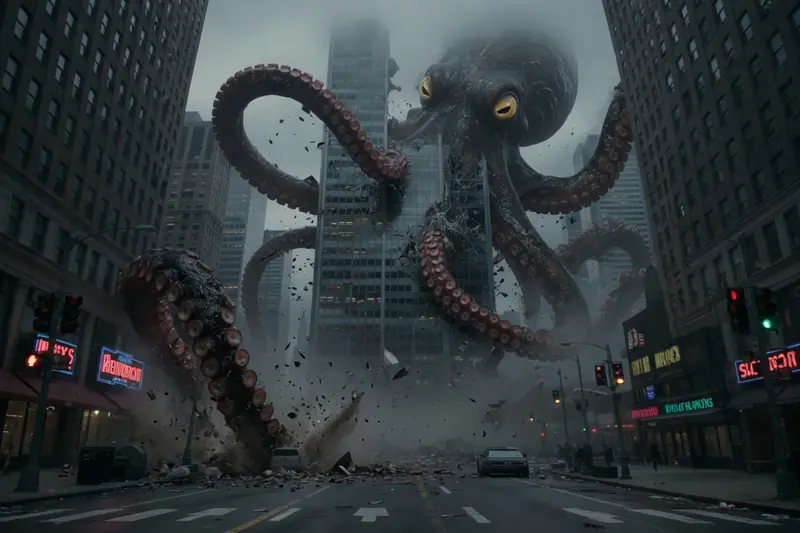 AI video production in Mexico: AI-generated scene of a giant creature in a city