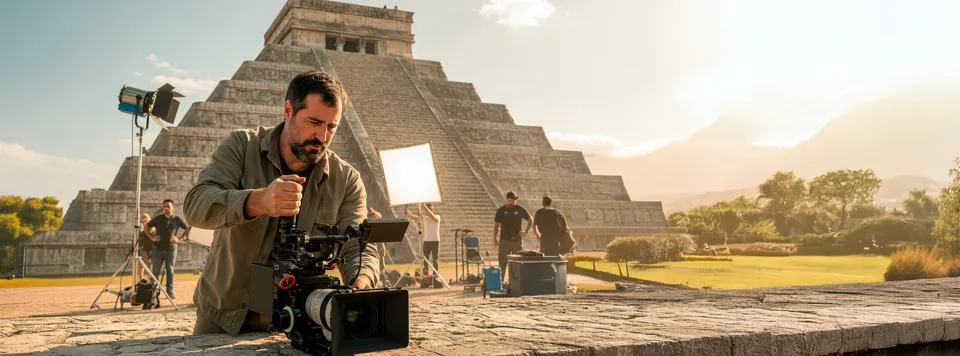 Equipo de filmación grabando en la pirámide de Chichén Itzá, México