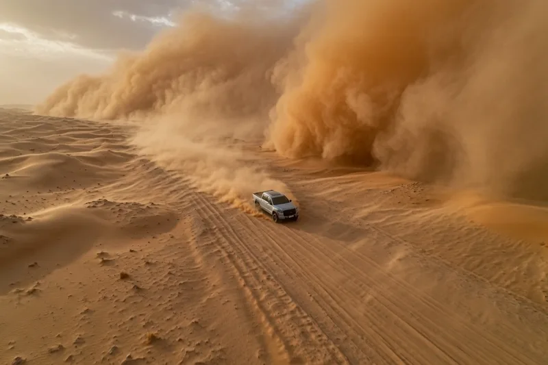 Toma aérea de una camioneta pickup cruzando dunas del desierto para un comercial en México
