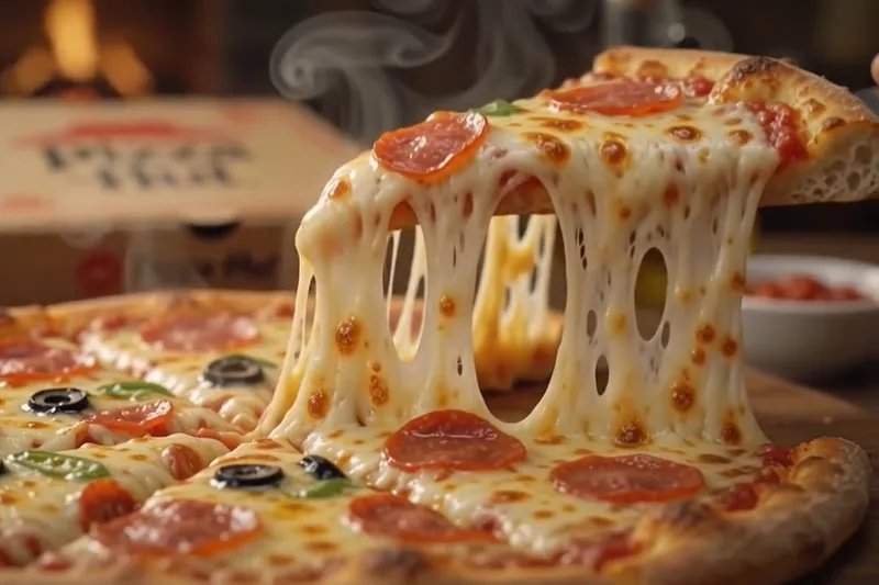 Pizza de pepperoni con queso derretido, grabada para un comercial de comida en México