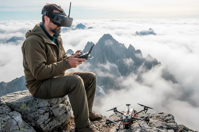 Filmación con drone en México: piloto FPV con goggles en la cima de una montaña sobre las nubes, con el drone sobre la roca