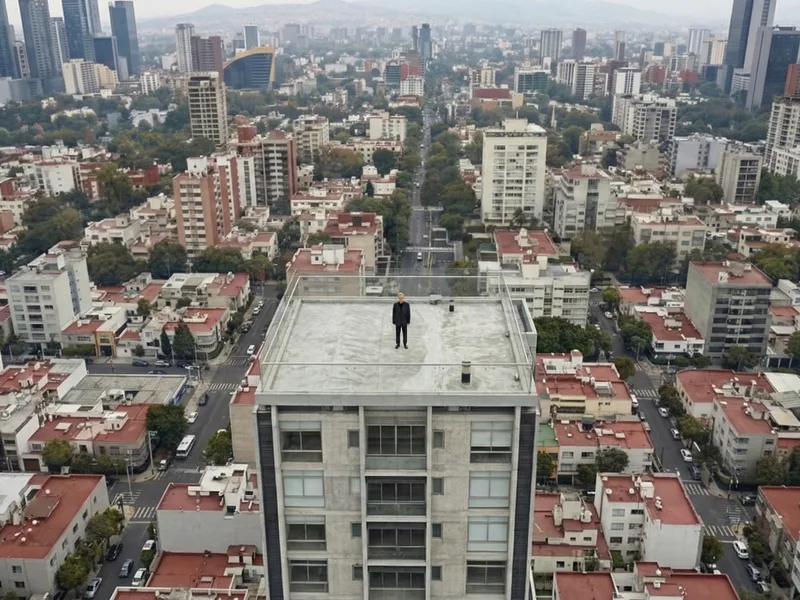 Aerial drone shot of a businessman standing on a building rooftop above the city in Mexico