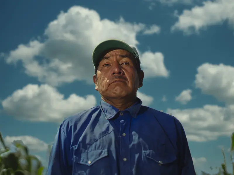 Farmer standing in a field under a wide sky for a documentary