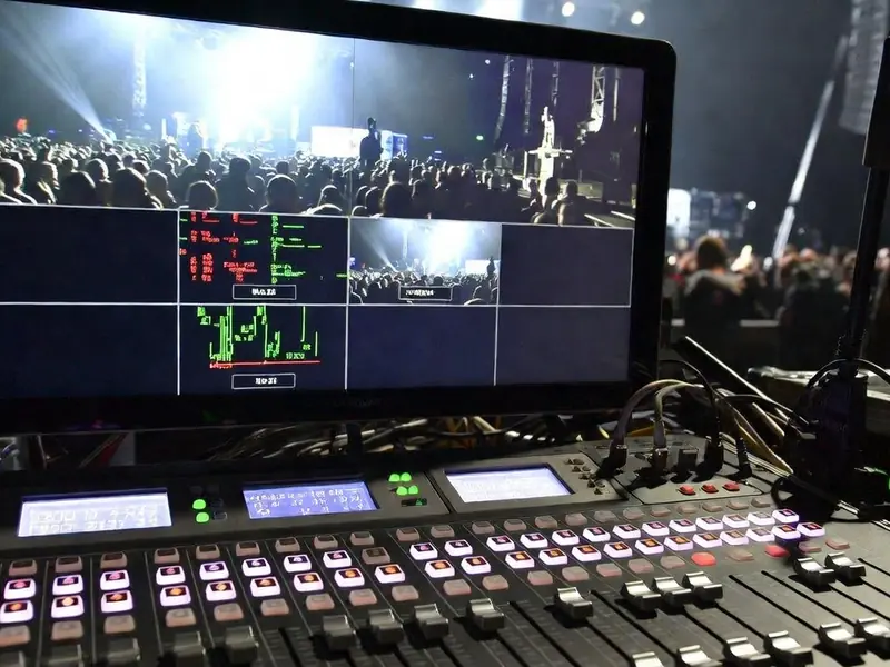 Live switcher and monitors at an event control desk
