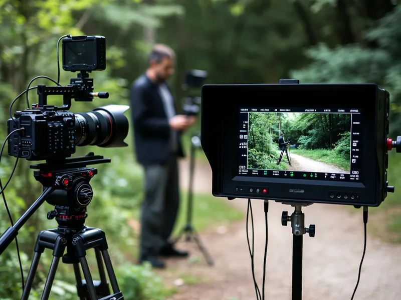 Cinema camera and field monitor set up on a forest trail for a news shoot in Mexico