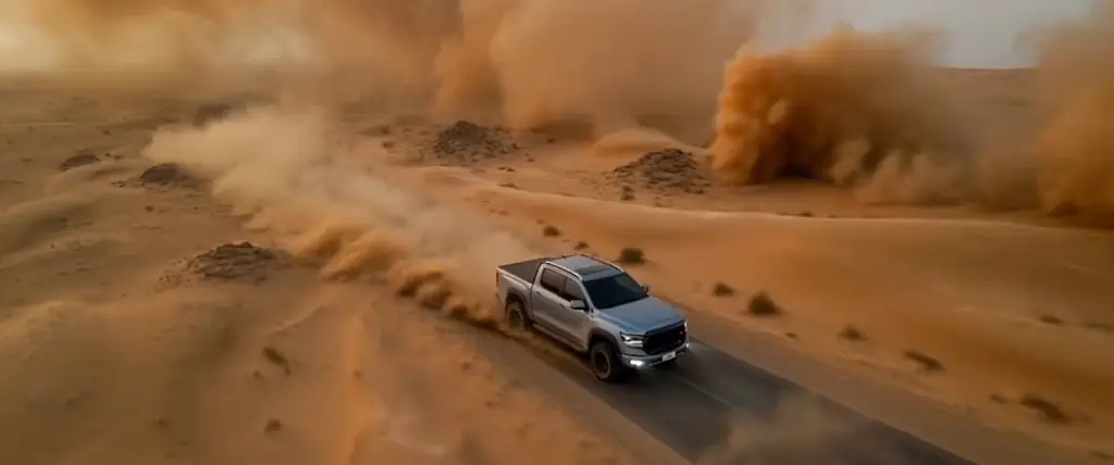 Fotograma del reel: toma aérea de una camioneta entre polvo en el desierto