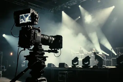 Live streaming services in Mexico: broadcast camera at a concert with stage lights