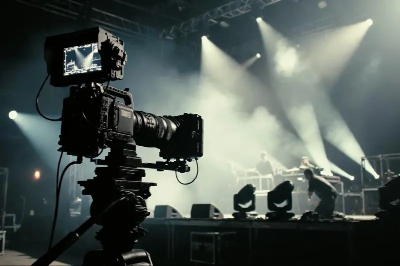 Live streaming services in Mexico: broadcast camera at a concert with stage lights