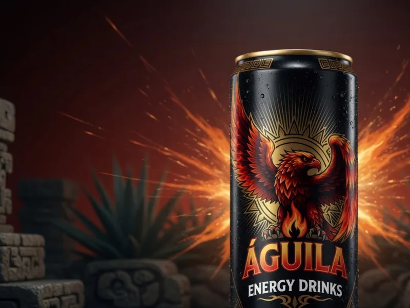Toma publicitaria de una lata de bebida energética Águila con chispas y pilares de piedra de estilo maya
