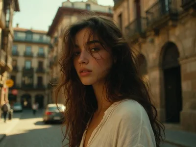 Toma cinematográfica para comercial de una joven en una calle soleada de edificios antiguos de piedra