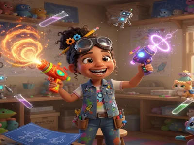 Escena animada en 3D para comercial de una niña inventora con pistolas de juguete de colores en un taller lleno de juguetes