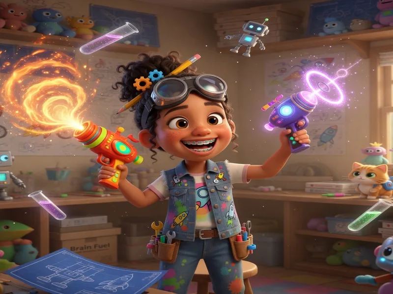 Escena animada en 3D para comercial de una niña inventora con pistolas de juguete de colores en un taller lleno de juguetes