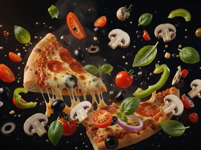 Ingredientes de pizza en movimiento para un comercial de comida
