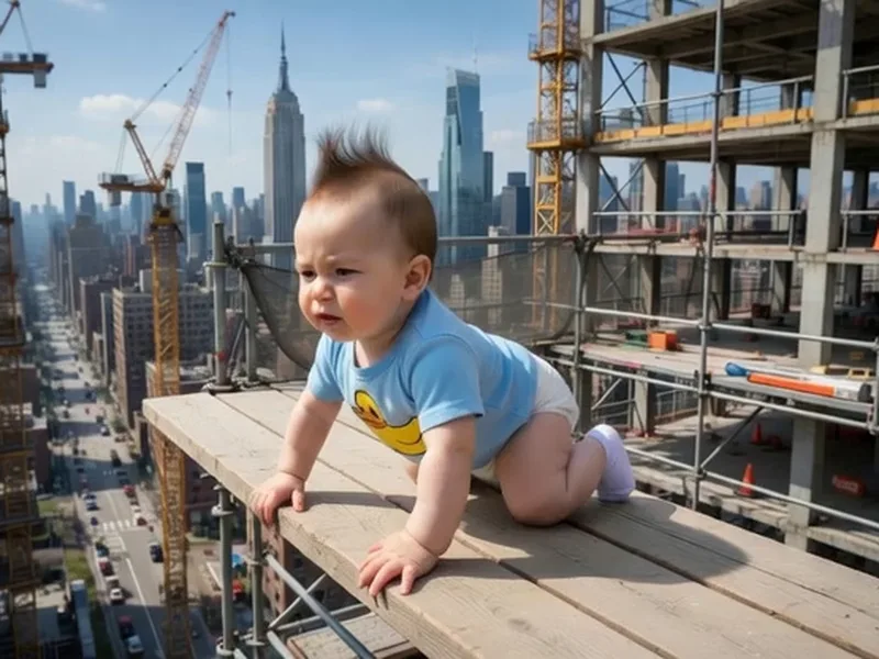 AI-generated video scene of a baby crawling on a scaffold plank high above a city construction site