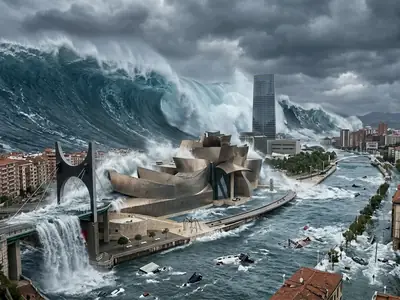 Imagen con IA de una ola gigante sobre un pueblo costero