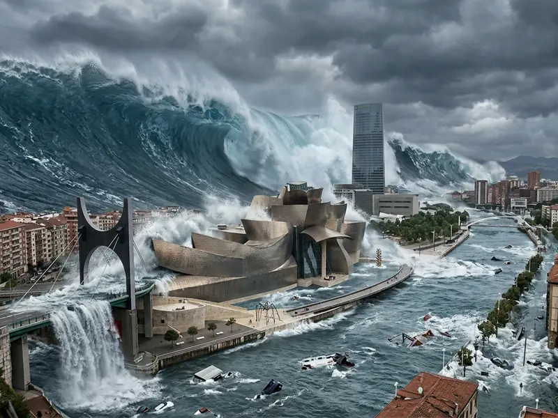 AI visual of a giant wave hitting a coastal town