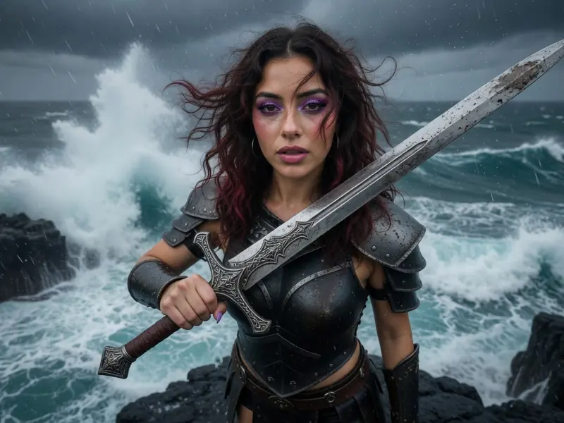 AI character holding a sword by a stormy sea