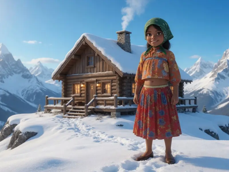 AI-generated girl by a cabin in snowy mountains