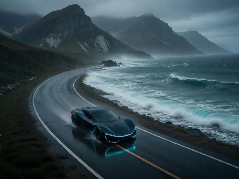 AI render of a car on a coastal road in a storm
