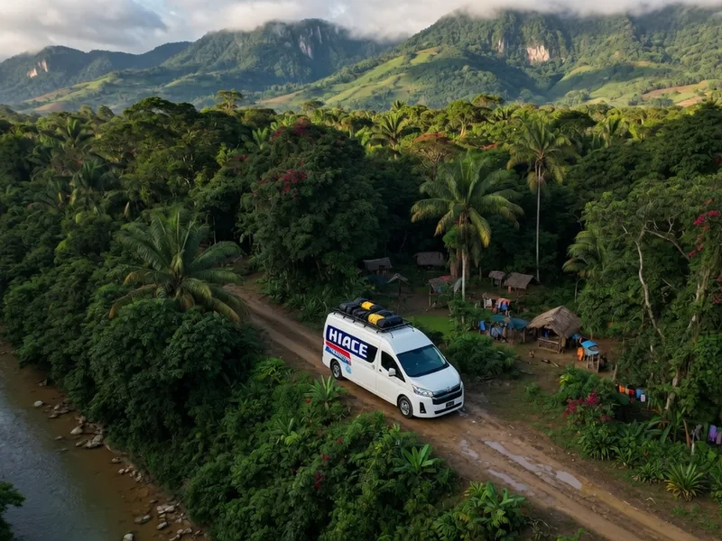 Aerial drone shot of a white van driving along a jungle road beside a river in Mexico