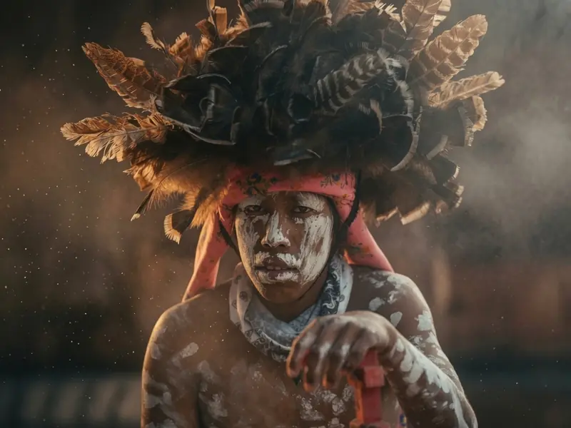 Dancer in a traditional headdress, documentary portrait