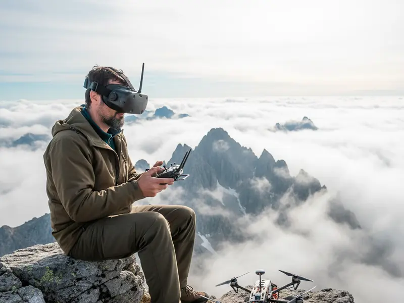 Piloto de drone volando sobre las nubes