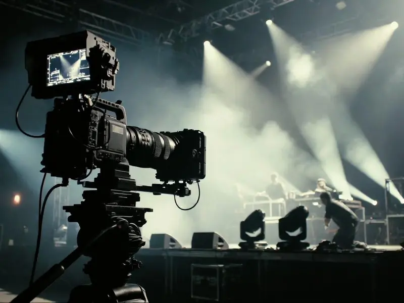 Broadcast camera at a concert with stage lights