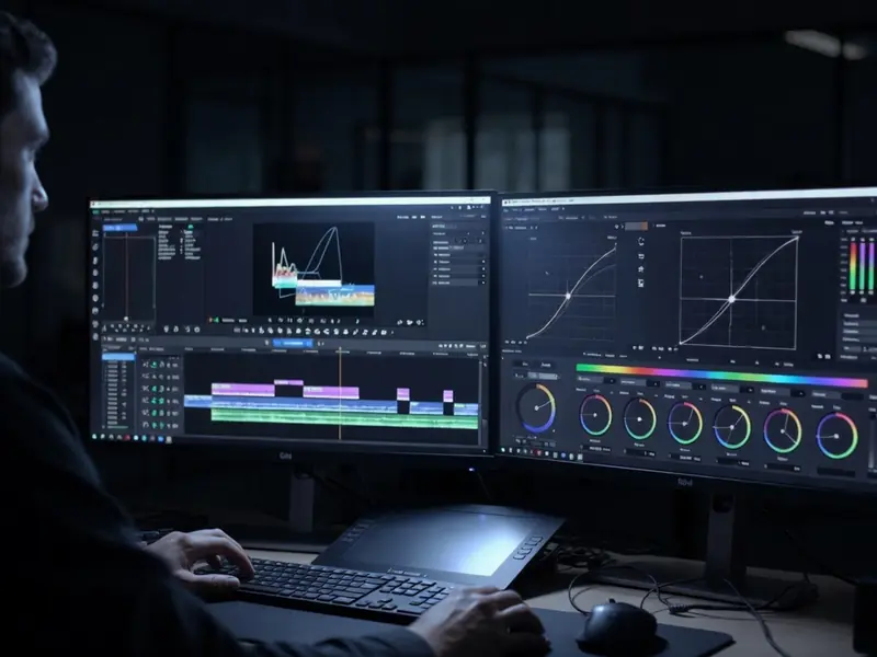 Editor color grading footage on two monitors