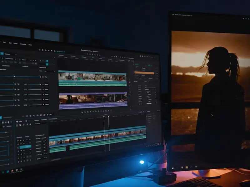 Editing timeline on a monitor in a dark suite