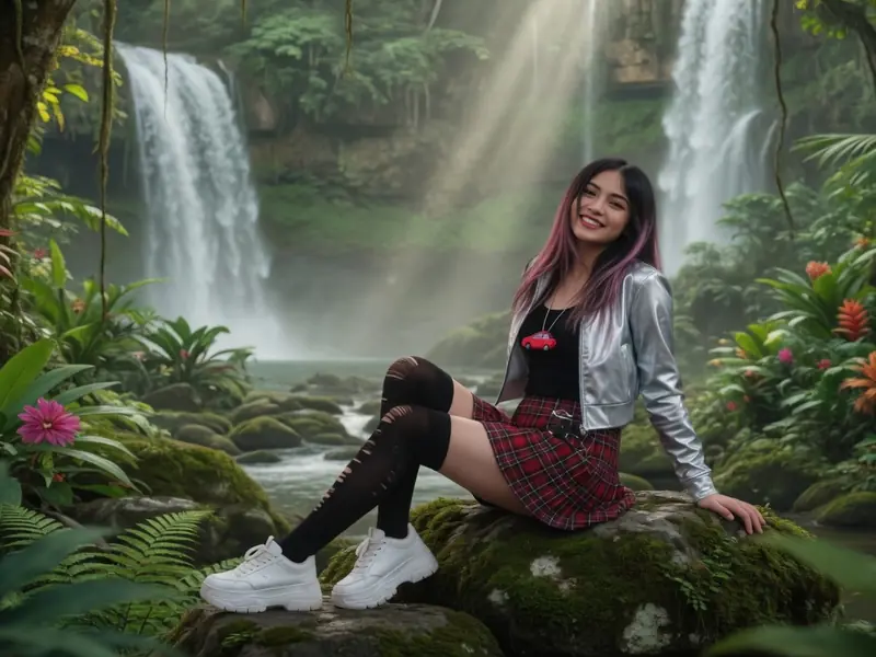 Hiker by a jungle waterfall for travel content