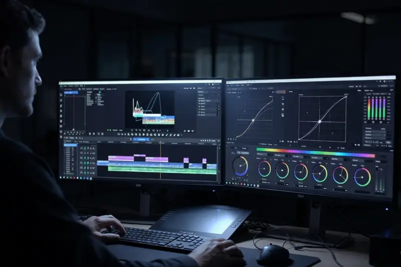 Post-production services in Mexico: editor color grading footage on two monitors