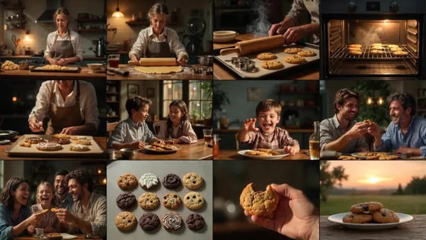 Storyboard of twelve frames showing a family baking and sharing cookies