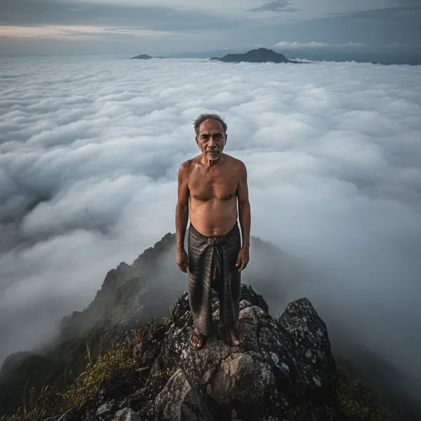 Hombre de pie en la cima de una montaña sobre un mar de nubes